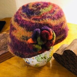 Handcrafted Multicolor Felted Wool Cloche Hat with Flower Accent